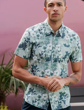 Mens Cotton Poplin Button-Up Tropical Print Shirt - - Size: M - Kensington - FashionsVida