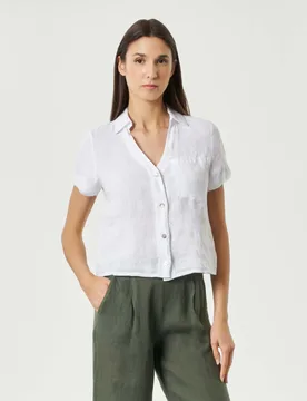 Camicia cropped bianca in puro lino con tasca applicata e maniche corte - Hlo! - FashionsVida