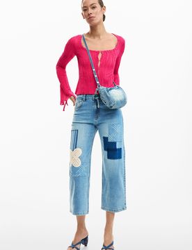 Pantalón vaquero patch crochet, Mujer, Algodon, Azul, 34