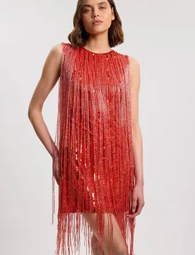 Beaded Fringed Sleeveless Woven Midi Dress - Orange - Size: 16 - Karen millen - FashionsVida