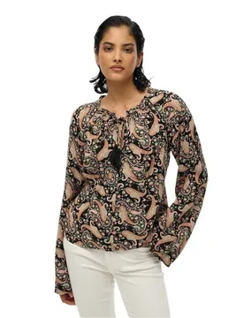 Chemisier à Manches Longues Printed Boho Paisley Border Black S