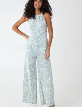Abstract Print Halter Neck Culotte Jumpsuit - 10 / Sage - female - Blue Vanilla - FashionsVida