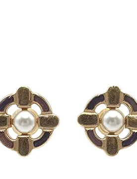 Gold Plated Enamel Maltese Cross and Faux Pearl Push Back Earrings - Chanel - FashionsVida