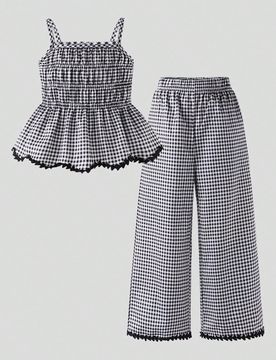 Conjunto de top de tirantes a cuadros blanco y negro y pantalones anchos con caída para niñas, adecuado para vacaciones, salidas y otras ocasiones