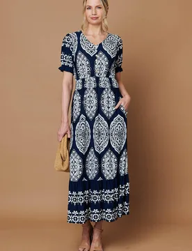 Women's Printed Shirred Puff Sleeve Maxi Dress in Navy Size: 18 - Navy - Size: 18 - Izabel London - FashionsVida