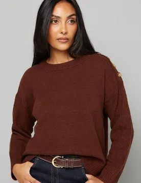 Women's Petite Brown Pointelle Sleeve Button Detail Jumper Size: XL - Brown - Size: XL - Wallis - FashionsVida