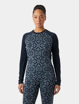 Women's Lifa Merino Midweight Graphic Crew Base Layer Blue XL - Navy Blue Nordic Rose Aop - Female - Helly Hansen - FashionsVida