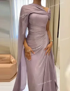 Custom Made Elegant Boat Colloar Pleated Flowing Sheath Court Evening Dress Side Slit Long Backless Saudi Dress with Cape - Aliexpress - FashionsVida