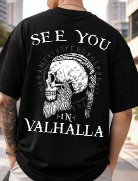 Camiseta con estampado "See You In Valhalla" estilo Y2K, 100% algodón, corte holgado, estilo gótico, ropa de hombre, conjuntos de verano, camisetas - Shein - FashionsVida