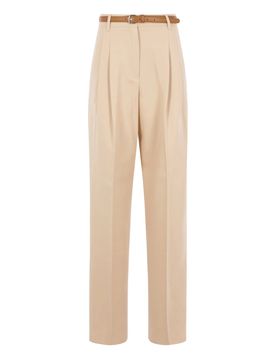 Cotton Crepe Trousers with High Waist, Belt Loops & Ironed Crease