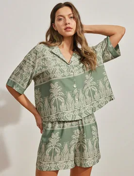 Conjunto de pijama Tropicoqueta de lyocell Tencel rayón con estampado tropical, shorts tipo bóxer y camiseta de manga corta, estilo casual lounge bo - Shein - FashionsVida