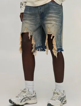 Men's Relaxed Fit Rigid Extreme Ripped Denim Shorts Antique Wash Size 32 Antique Wash 32 - boohooMAN - FashionsVida